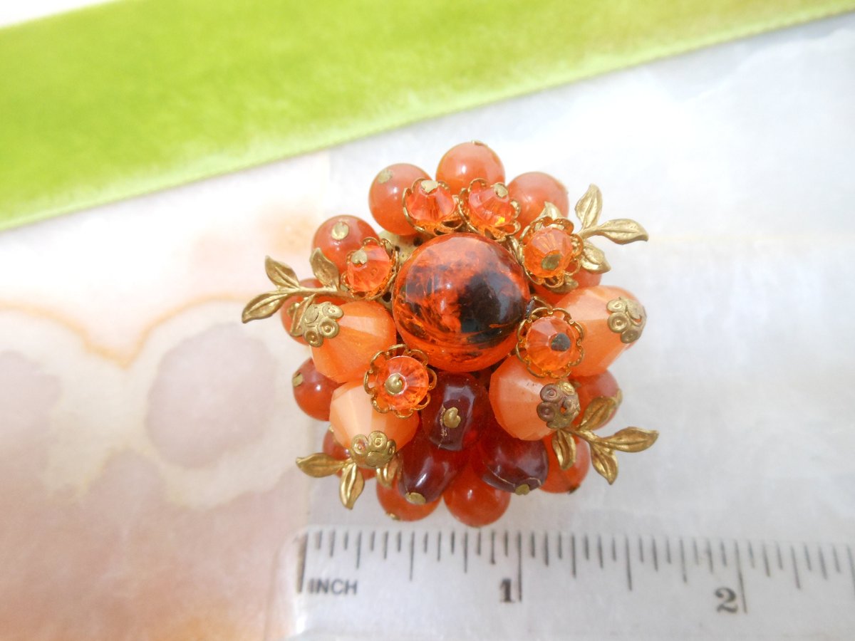 Vintage WEST GERMANY Bead Pin Cluster Brooch Pumpkin Orange Flower Jewelry Gift Mid Century, VivianJoel.com