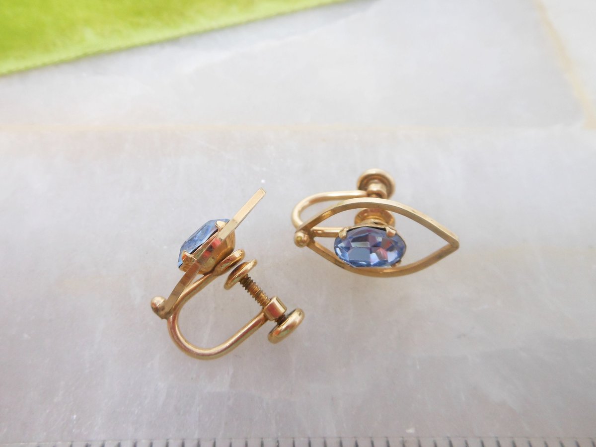 Vintage VAN DELL Gold Fill Designer Blue Crystal Earrings Screw Back GF Rhinestone Petite Dainty Mid Century Jewelry Gift, VivianJoel.com