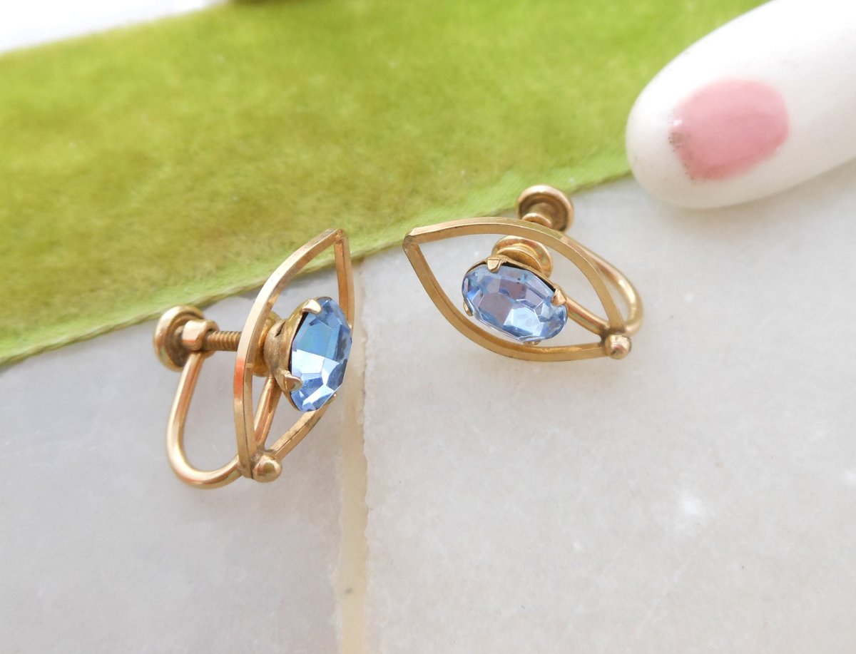 Vintage VAN DELL Gold Fill Designer Blue Crystal Earrings Screw Back GF Rhinestone Petite Dainty Mid Century Jewelry Gift, VivianJoel.com
