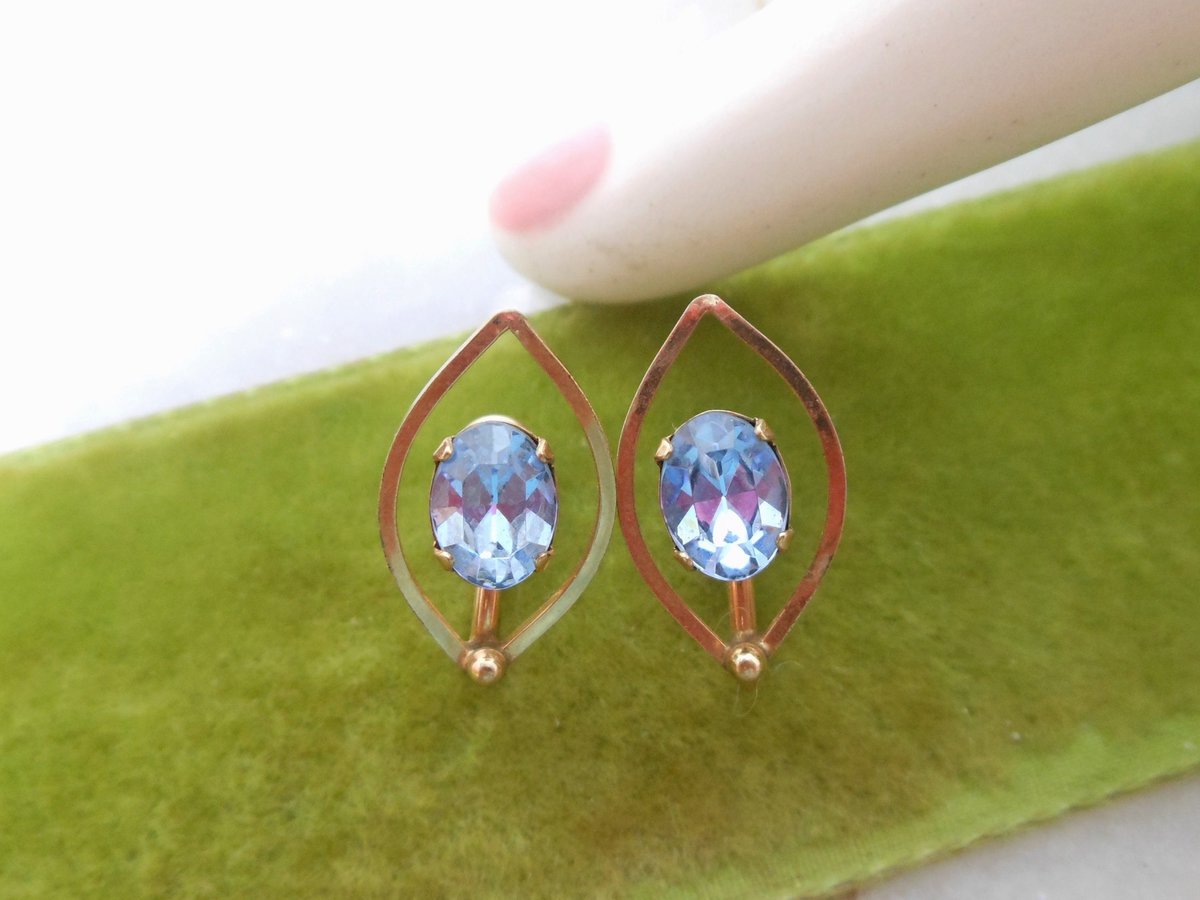 Vintage VAN DELL Gold Fill Designer Blue Crystal Earrings Screw Back GF Rhinestone Petite Dainty Mid Century Jewelry Gift, VivianJoel.com
