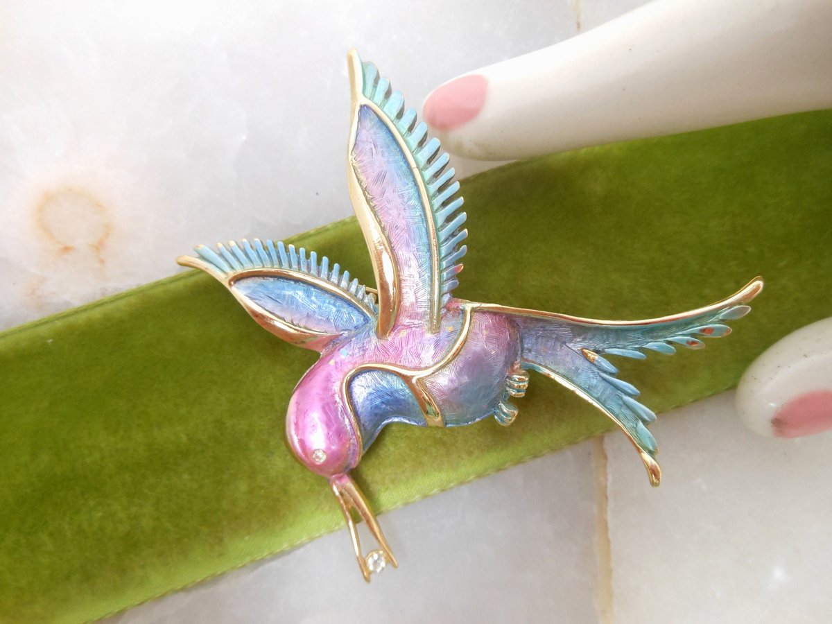 Vintage Hummingbird Brooch Ombre Enamel Rhinestone Bird Pin Figural Mid Century Gift, VivianJoel.com