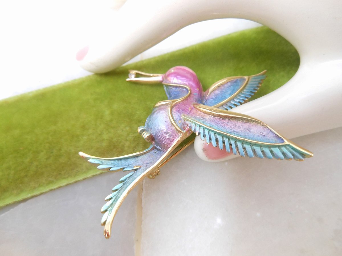 Vintage Hummingbird Brooch Ombre Enamel Rhinestone Bird Pin Figural Mid Century Gift, VivianJoel.com