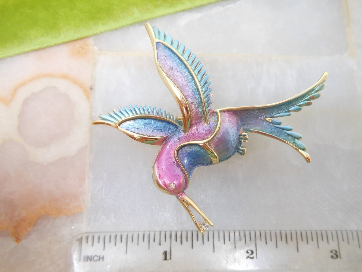 Vintage Hummingbird Brooch Ombre Enamel Rhinestone Bird Pin Figural Mid Century Gift, VivianJoel.com
