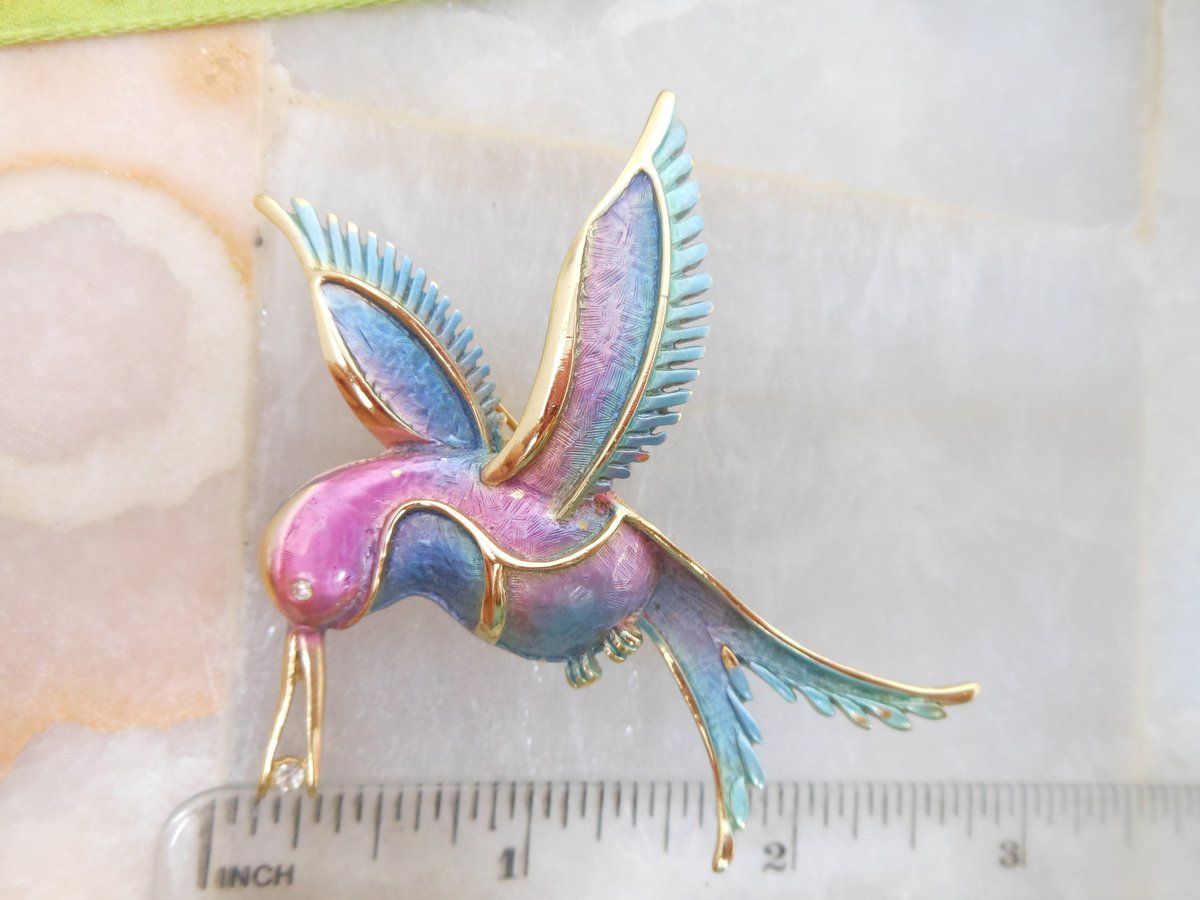 Vintage Hummingbird Brooch Ombre Enamel Rhinestone Bird Pin Figural Mid Century Gift, VivianJoel.com