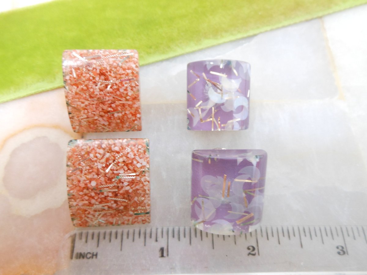 Vintage LOT 5 Confetti Earrings Lucite Old Plastic Resin Clip On Glitter Tinsel Purple Gold Destash Mid Century Jewelry, VivianJoel.com