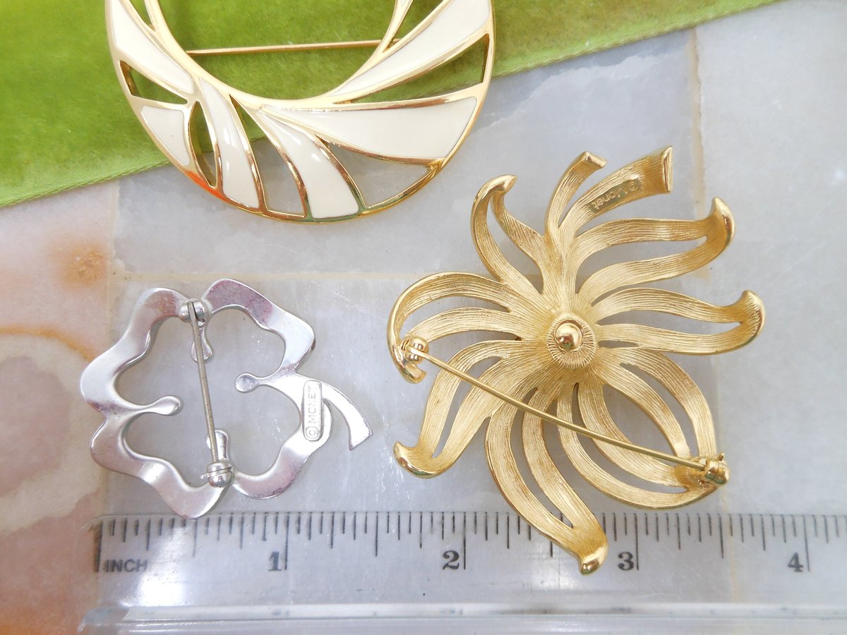 Vintage LOT 3 MONET Designer Brooch Gold Plate Classic Timeless Collection Flower Clover Moon Jewelry Gift Mid Century, VivianJoel.com
