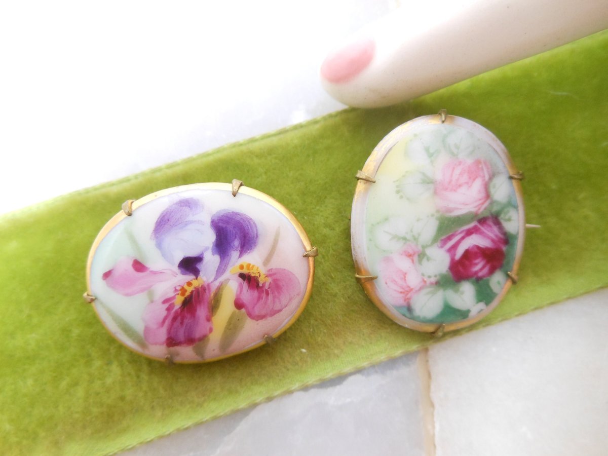 Vintage LOT 2 Victorian Pin Gilt Brooch Hand Painted Pink Red Rose Flower Purple Iris Mid Century Jewelry Gift, VivianJoel.com