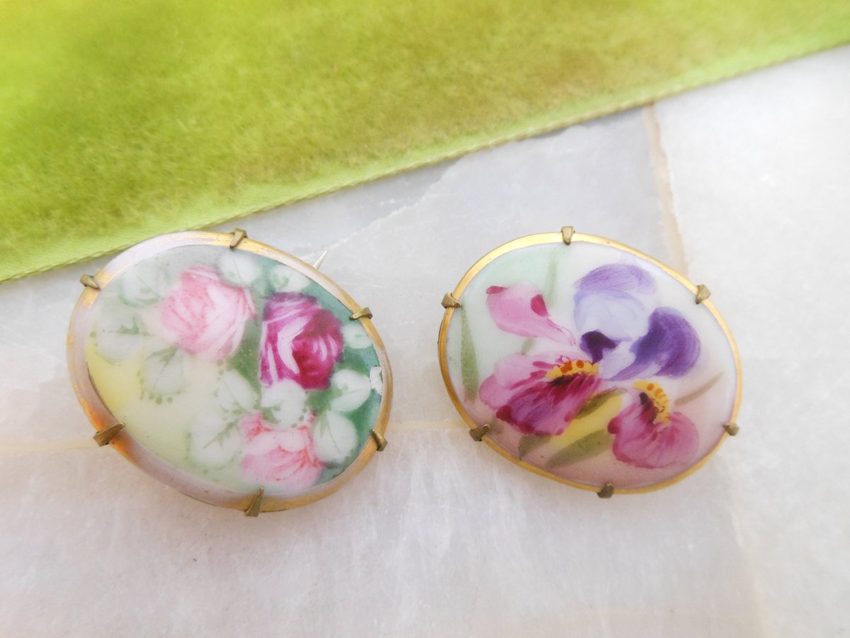 Vintage LOT 2 Victorian Pin Gilt Brooch Hand Painted Pink Red Rose Flower Purple Iris Mid Century Jewelry Gift, VivianJoel.com