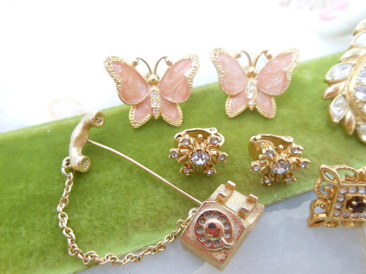 Vintage AVON LOT 5 Earrings Lapel Pin Rhinestone Clip On Pierced Post Snowflake Butterfly Designer Jewelry Gift, VivianJoel.com