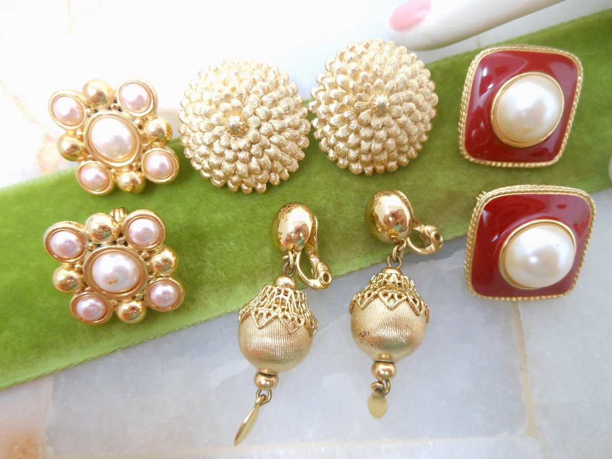 Vintage MONET LOT 4 Designer Earrings Clip On Red Enamel Faux Pearl Gold Plate Dangle Drop Classic Jewelry Gift Mid Century, VivianJoel.com