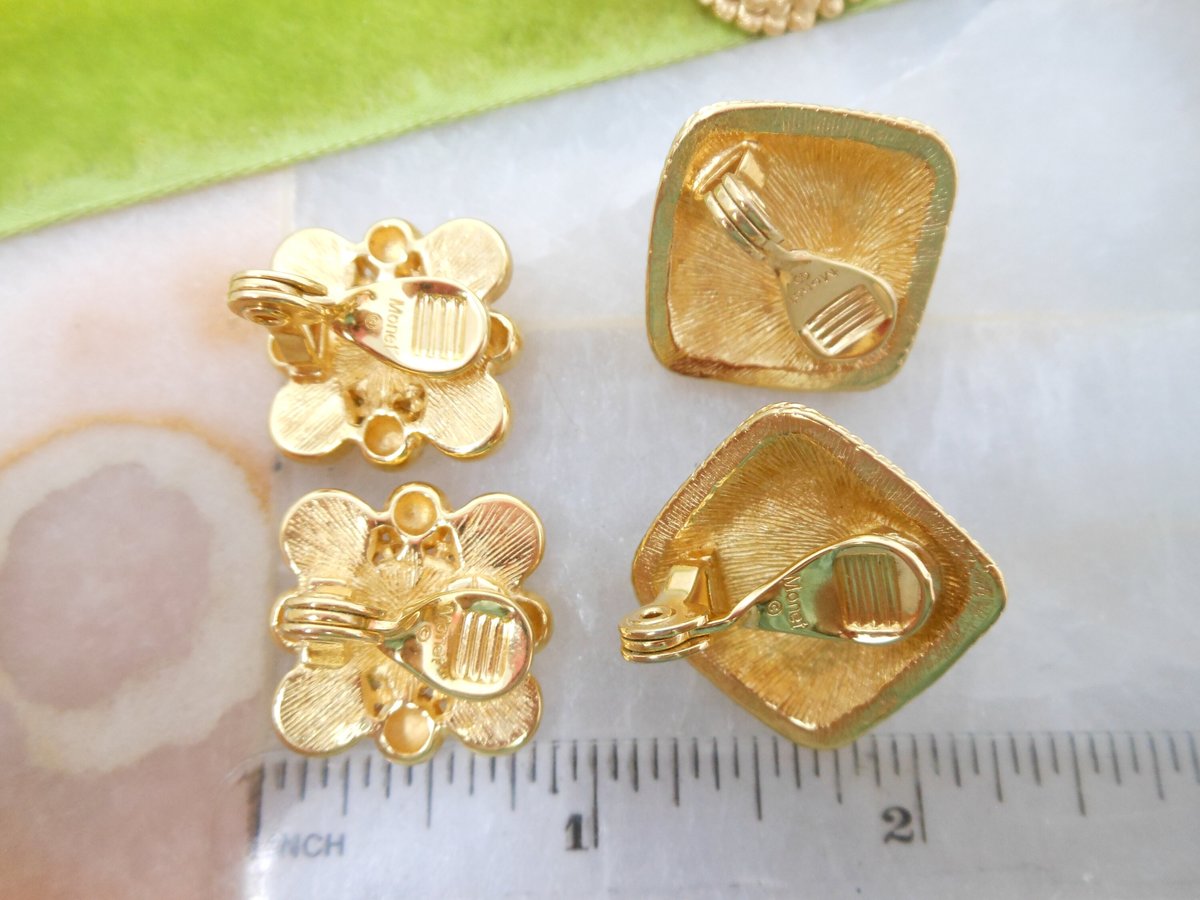 Vintage MONET LOT 4 Designer Earrings Clip On Red Enamel Faux Pearl Gold Plate Dangle Drop Classic Jewelry Gift Mid Century, VivianJoel.com