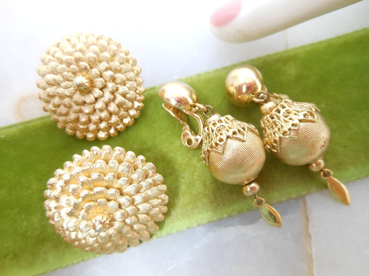 Vintage MONET LOT 4 Designer Earrings Clip On Red Enamel Faux Pearl Gold Plate Dangle Drop Classic Jewelry Gift Mid Century, VivianJoel.com