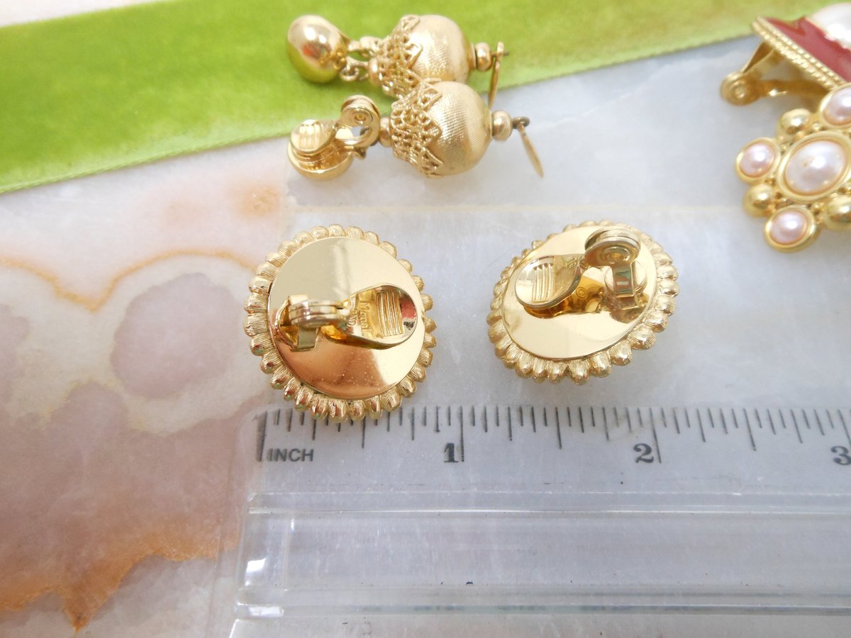 Vintage MONET LOT 4 Designer Earrings Clip On Red Enamel Faux Pearl Gold Plate Dangle Drop Classic Jewelry Gift Mid Century, VivianJoel.com