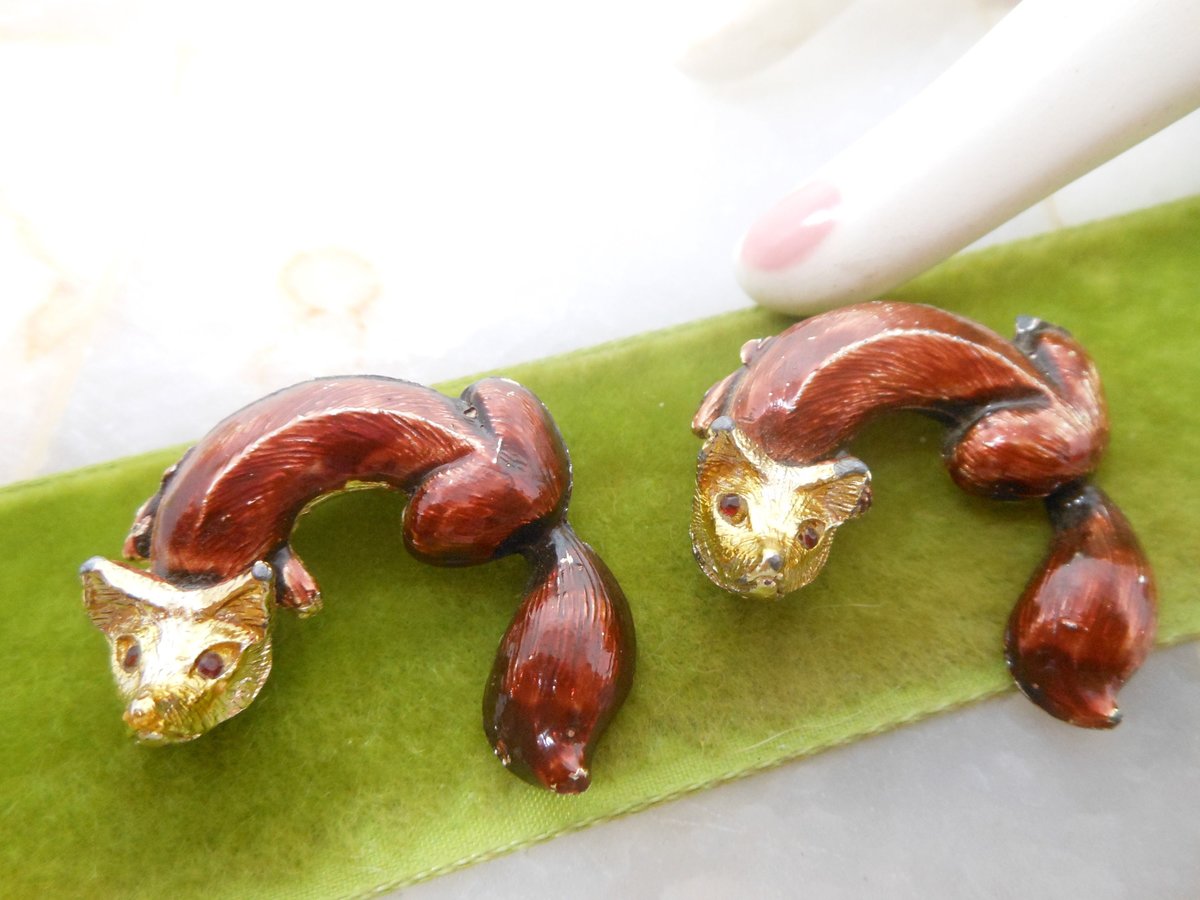 Vintage Fox Brooch Pair Scatter Pin Set Enamel Figural Rhinestone Eye Mid Century Kitsch Jewelry Gift, VivianJoel.com