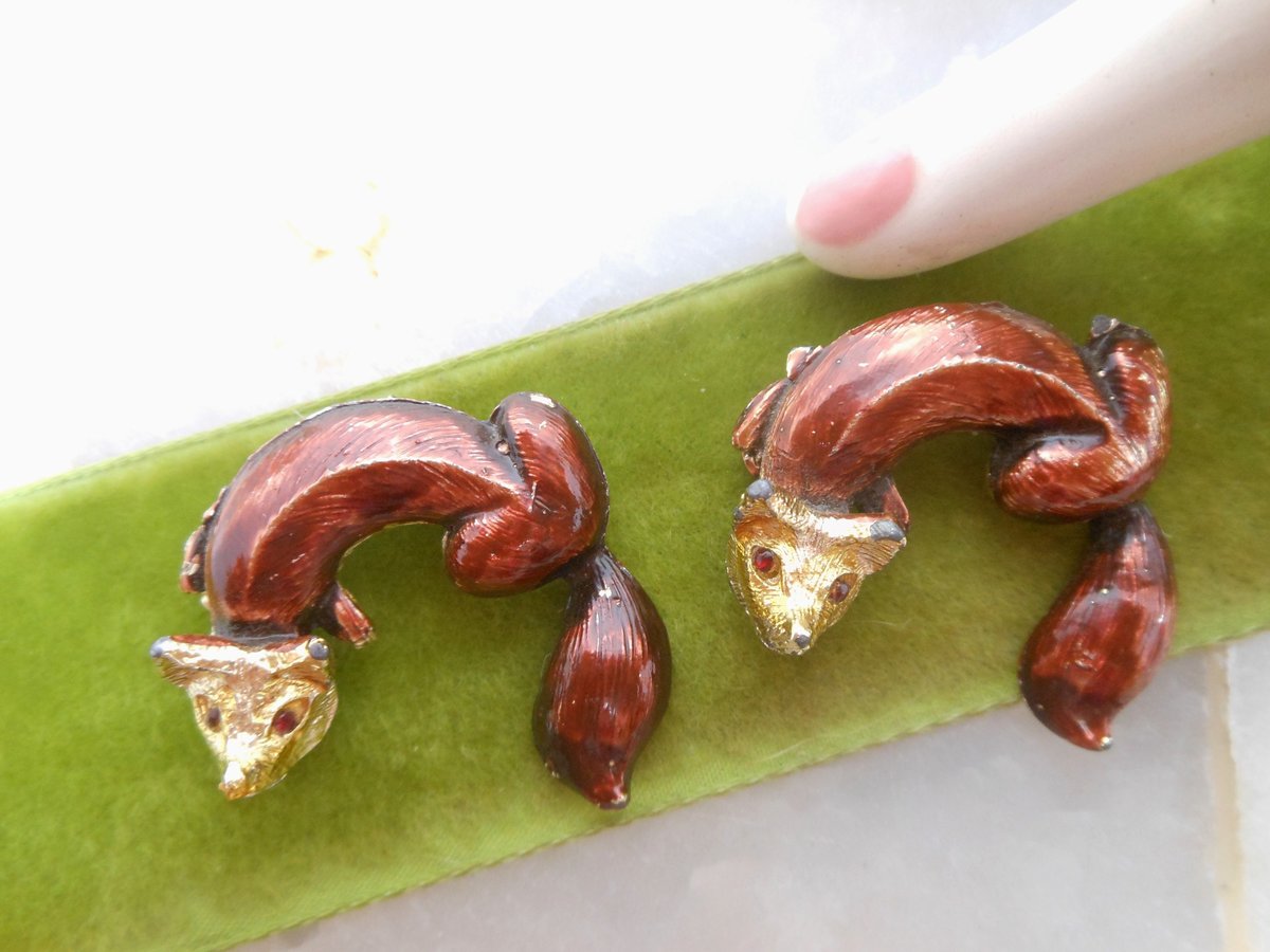 Vintage Fox Brooch Pair Scatter Pin Set Enamel Figural Rhinestone Eye Mid Century Kitsch Jewelry Gift, VivianJoel.com