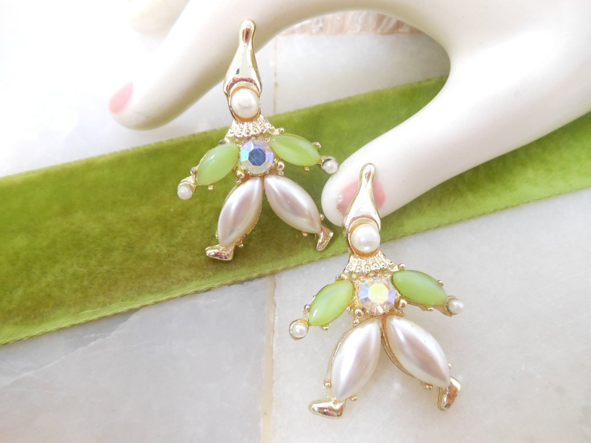 Vintage Scatter Pin Set Pixie Elf Clown Brooch Pair Rhinestone Faux Pearl Mid Century Figural Jewelry Gift, VivianJoel.com