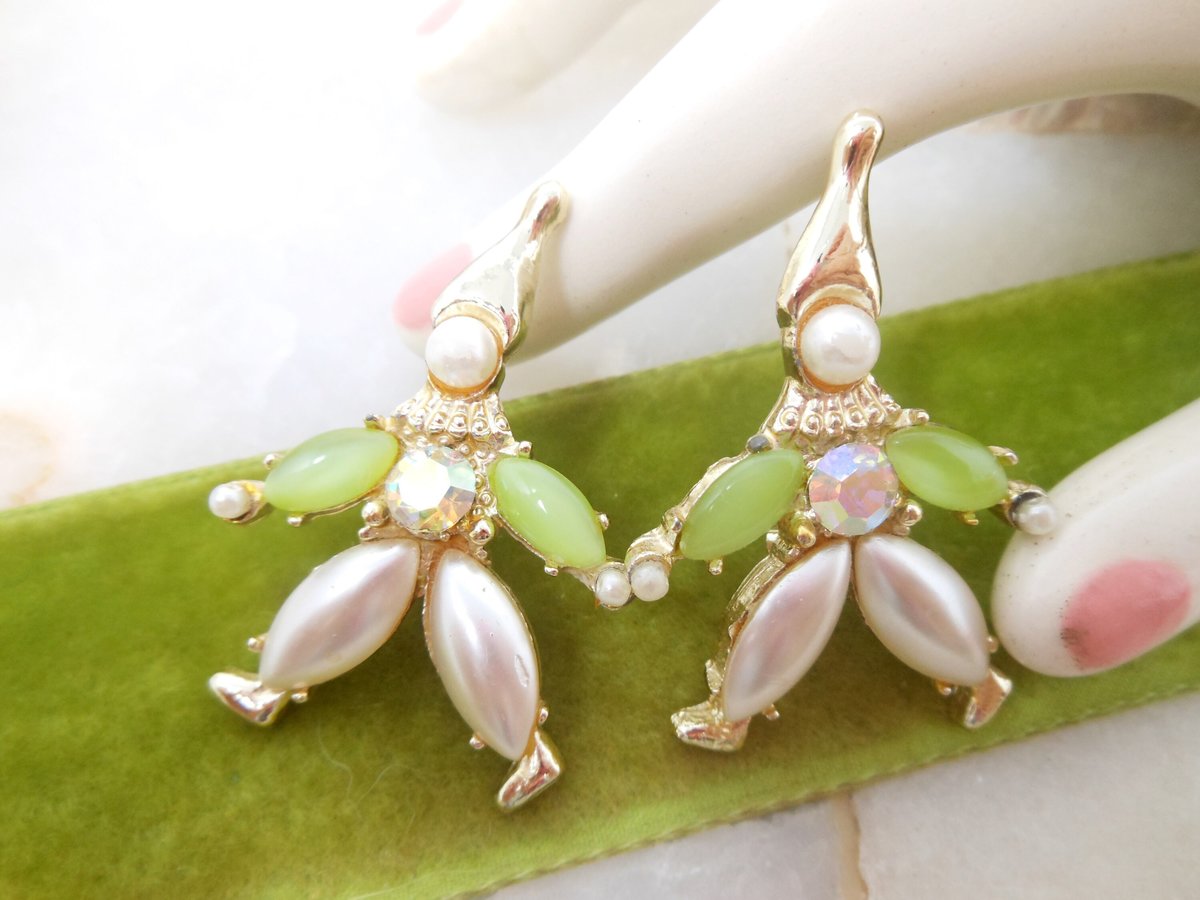 Vintage Scatter Pin Set Pixie Elf Clown Brooch Pair Rhinestone Faux Pearl Mid Century Figural Jewelry Gift, VivianJoel.com