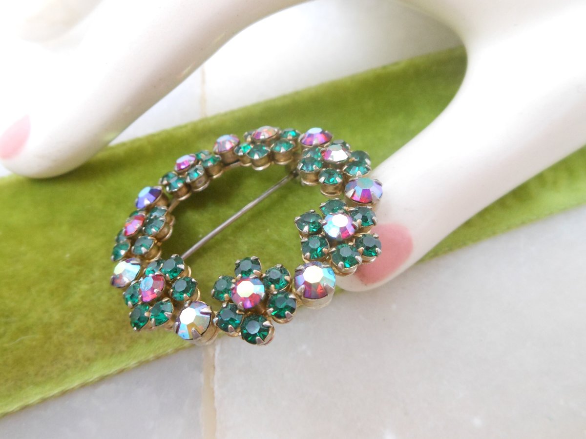 Vintage Green Rhinestone Brooch Wreath Pin Aurora Borealis Jewelry Gift Mid Century, VivianJoel.com