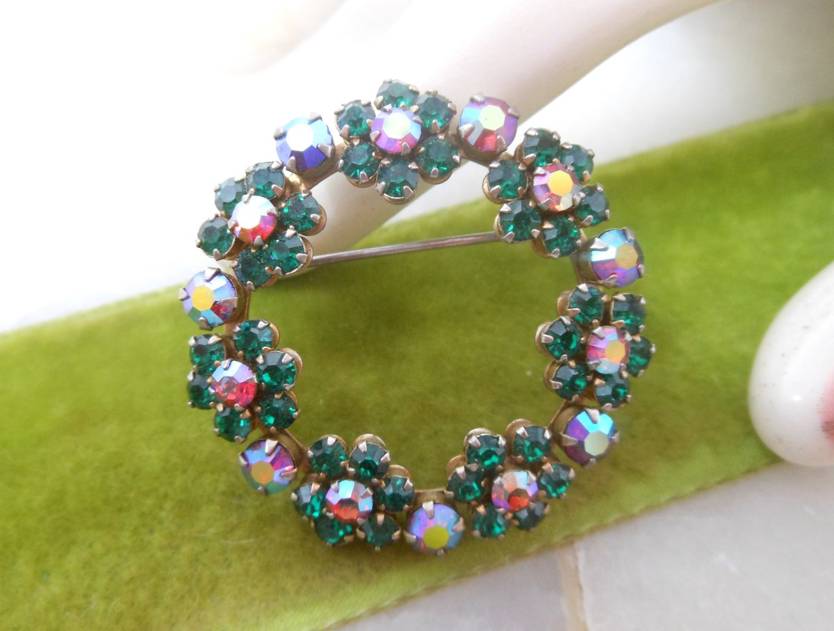 Vintage Green Rhinestone Brooch Wreath Pin Aurora Borealis Jewelry Gift Mid Century, VivianJoel.com