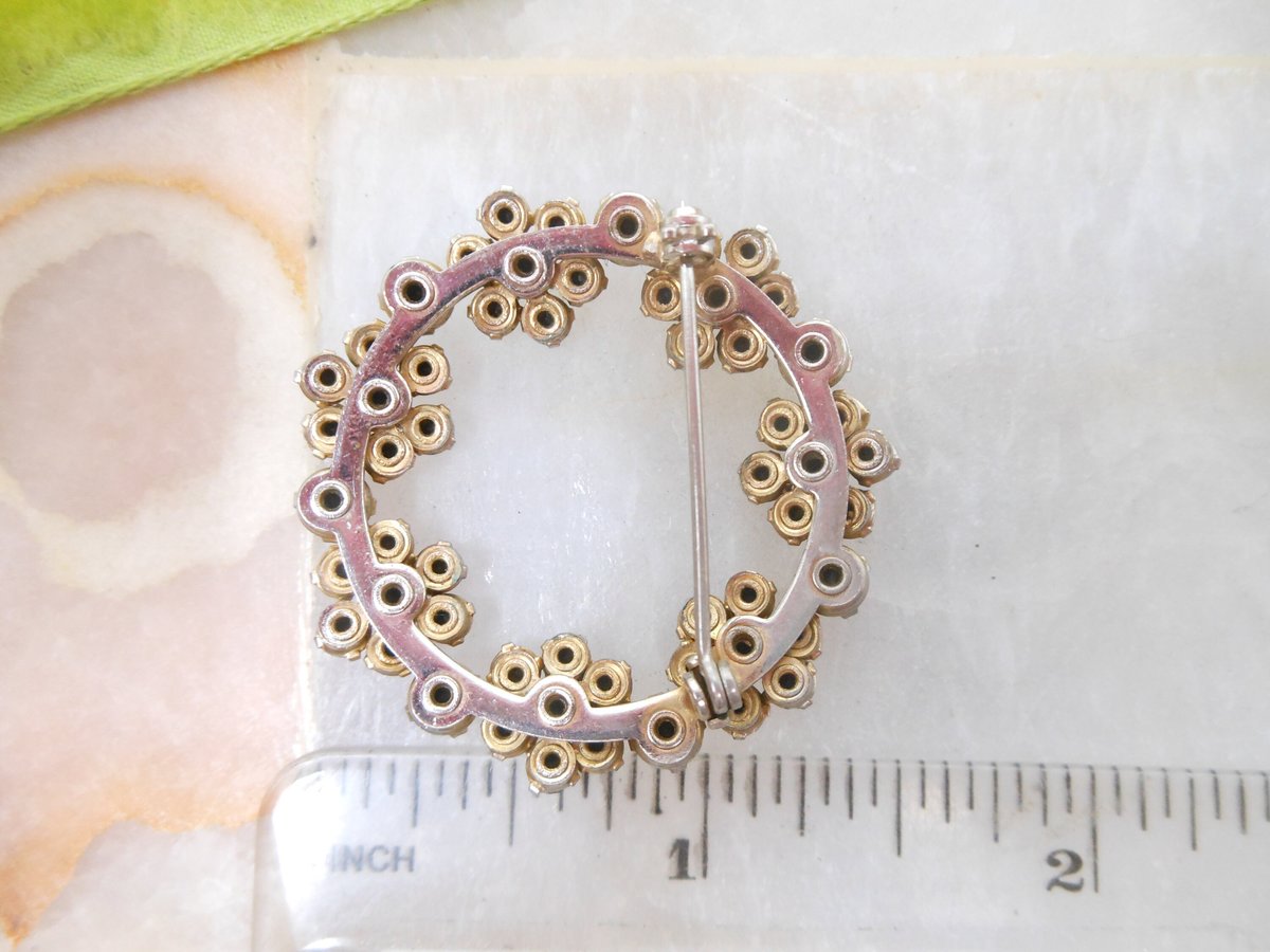 Vintage Green Rhinestone Brooch Wreath Pin Aurora Borealis Jewelry Gift Mid Century, VivianJoel.com