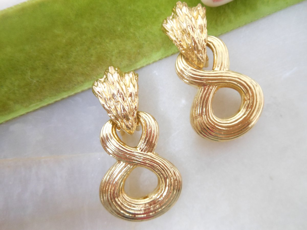 Vintage IVANA Earrings Dangle Drop Door Knocker Clip On Gold Plate Jumbo Designer Runway Jewelry Gift, VivianJoel.com