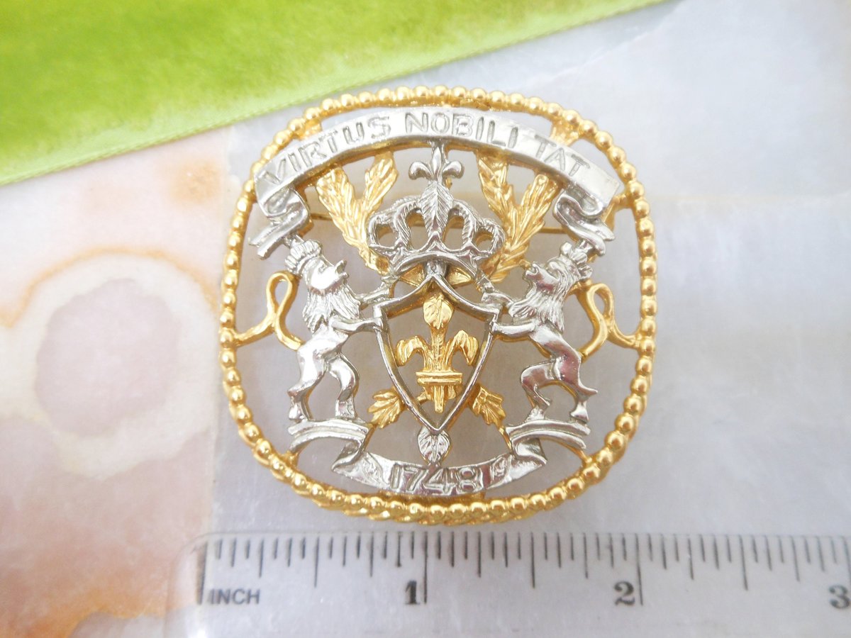 Vintage ART Designer Signed Coat of Arms Heraldic Lion Brooch Arthur Pepper Virtus Nobilitat Mid Century Gift, VivianJoel.com
