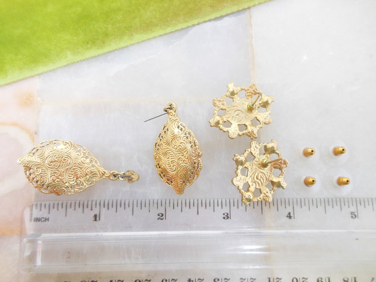 Vintage LOT 2 Designer 1928 Pierced Earrings Mogul Pearl Pink Rose Dangle Drop Rhinestone Victorian Revival Jewelry Gift, VivianJoel.com