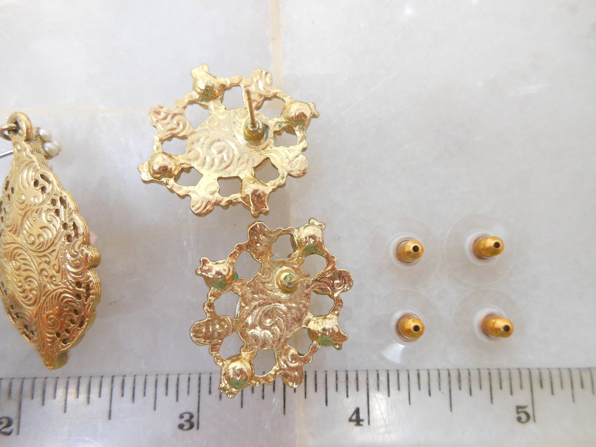 Vintage LOT 2 Designer 1928 Pierced Earrings Mogul Pearl Pink Rose Dangle Drop Rhinestone Victorian Revival Jewelry Gift, VivianJoel.com