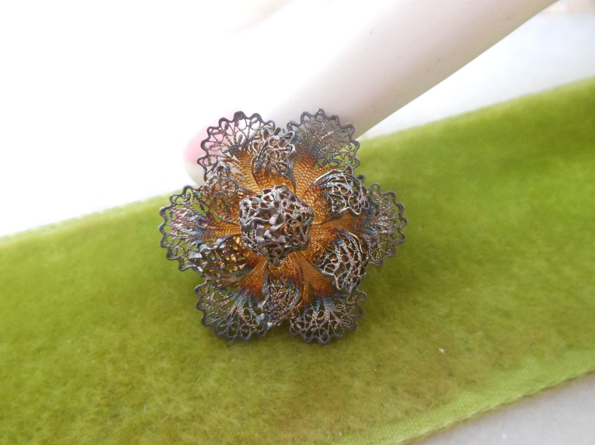 Vintage STERLING SILVER Petite Pin Designer Filigree Flower Brooch Cannetille 925 Mid Century Jewelry Gift, VivianJoel.com