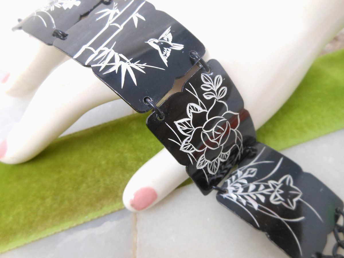 Vintage Etched Flower Bracelet Wide Black Enamel Link Asian Theme Unique Mid Century, VivianJoel.com