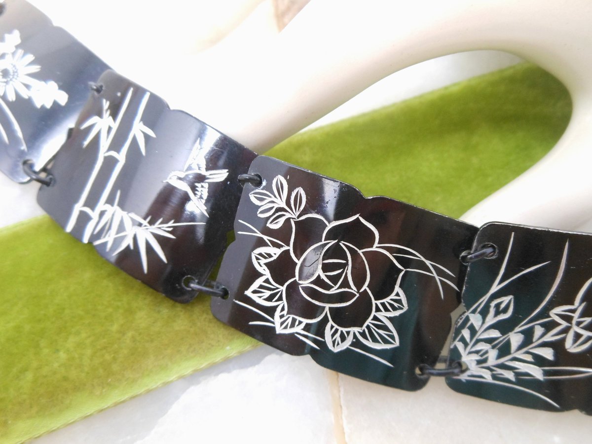 Vintage Etched Flower Bracelet Wide Black Enamel Link Asian Theme Unique Mid Century, VivianJoel.com
