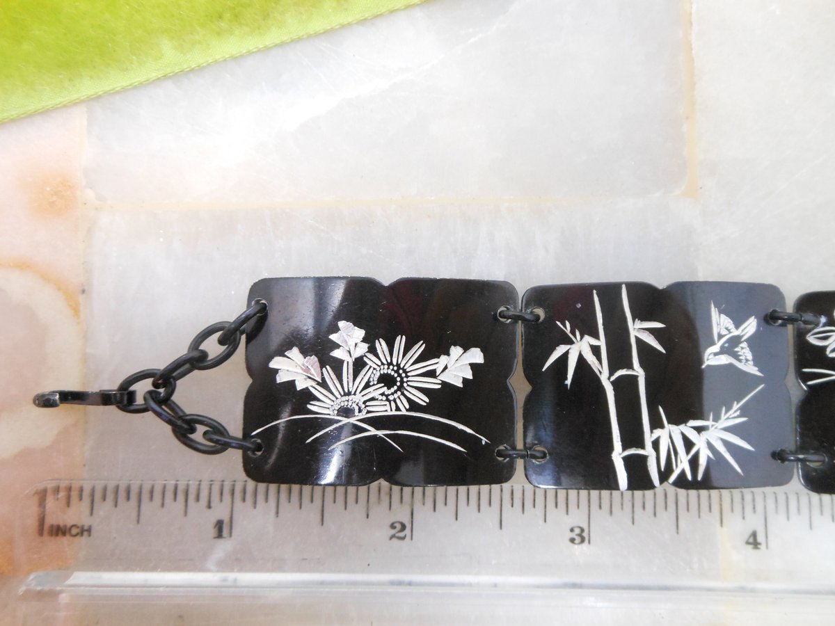 Vintage Etched Flower Bracelet Wide Black Enamel Link Asian Theme Unique Mid Century, VivianJoel.com