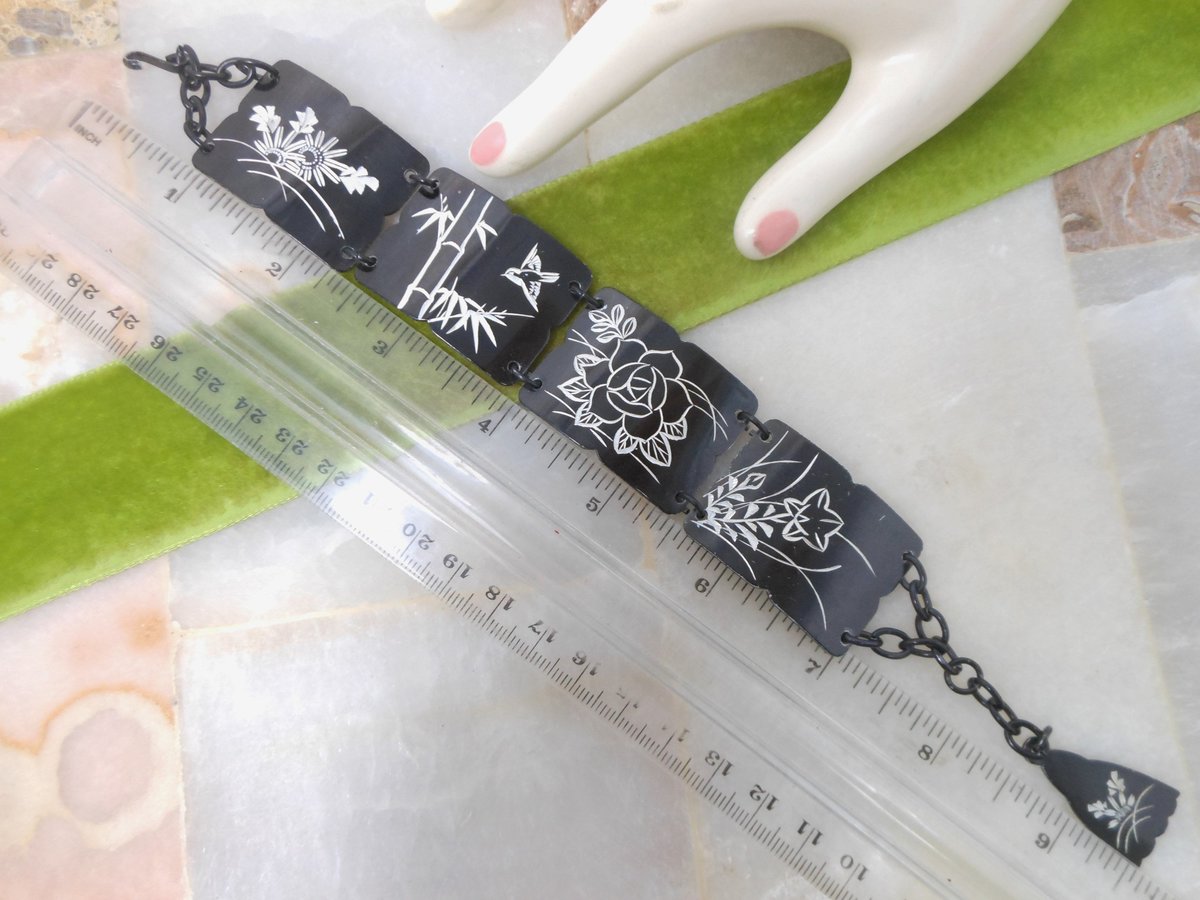 Vintage Etched Flower Bracelet Wide Black Enamel Link Asian Theme Unique Mid Century, VivianJoel.com