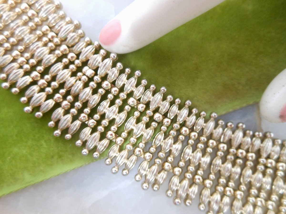 Vintage MONET Book Piece "Minaret" Wide 18 Link Bracelet Pale Gold Tone 1956 Designer Mid Century Etruscan Jewelry Gift, VivianJoel.com