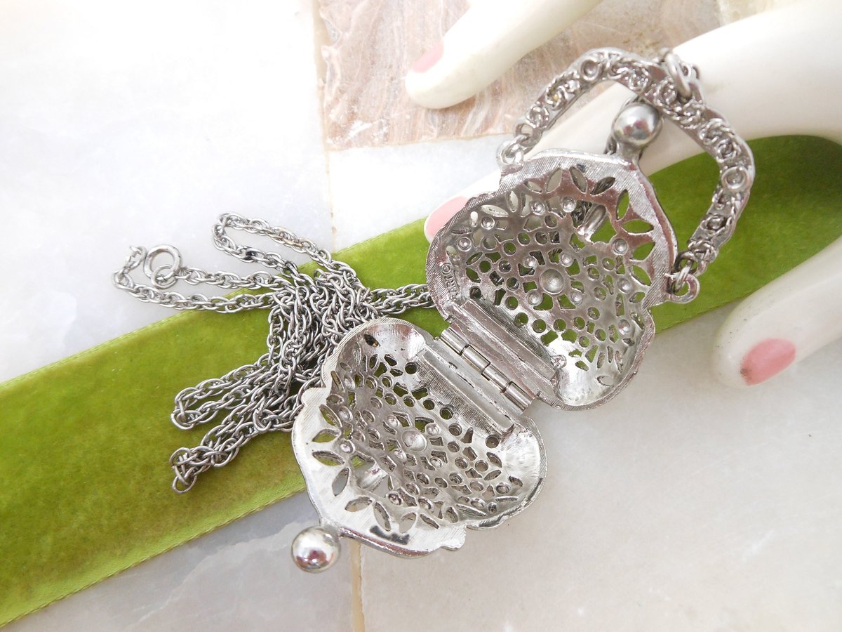 Vintage ART Designer Signed Necklace Purse Locket Trinket Box Ornate Victorian Revival Jewelry Mid Century, VivianJoel.com