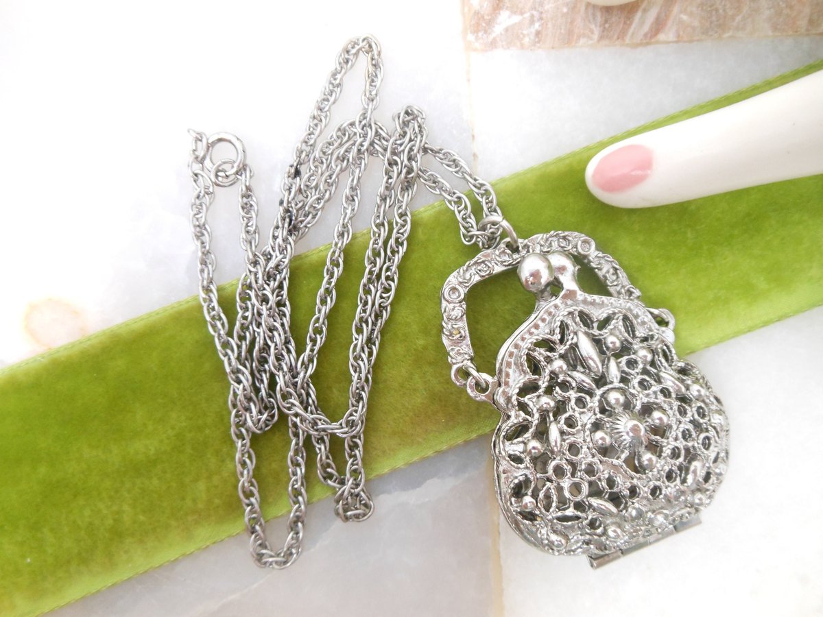 Vintage ART Designer Signed Necklace Purse Locket Trinket Box Ornate Victorian Revival Jewelry Mid Century, VivianJoel.com