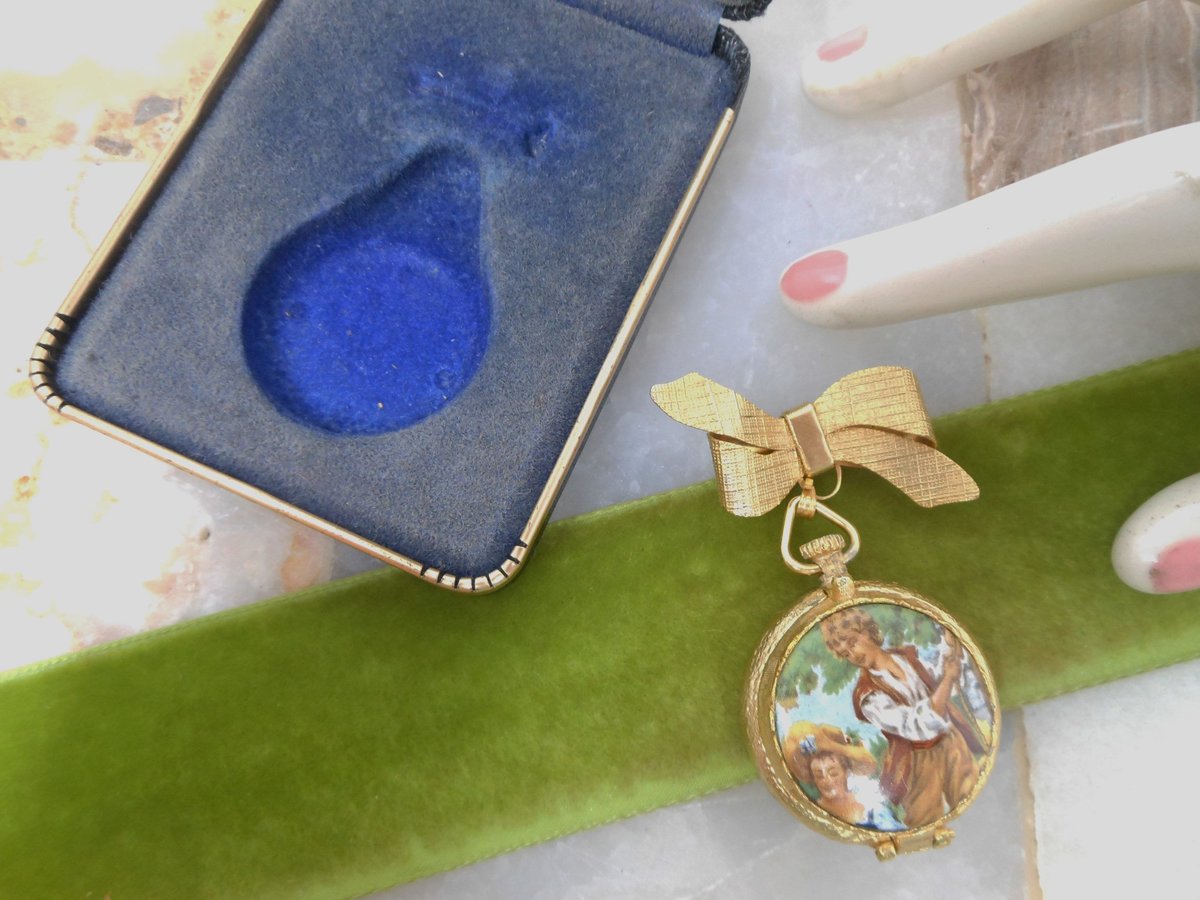 Vintage Victorian Revival Locket Brooch Pill Box Trinket Dangle Fob Courting Couple Mid Century Jewelry Original Box Gift, VivianJoel.com