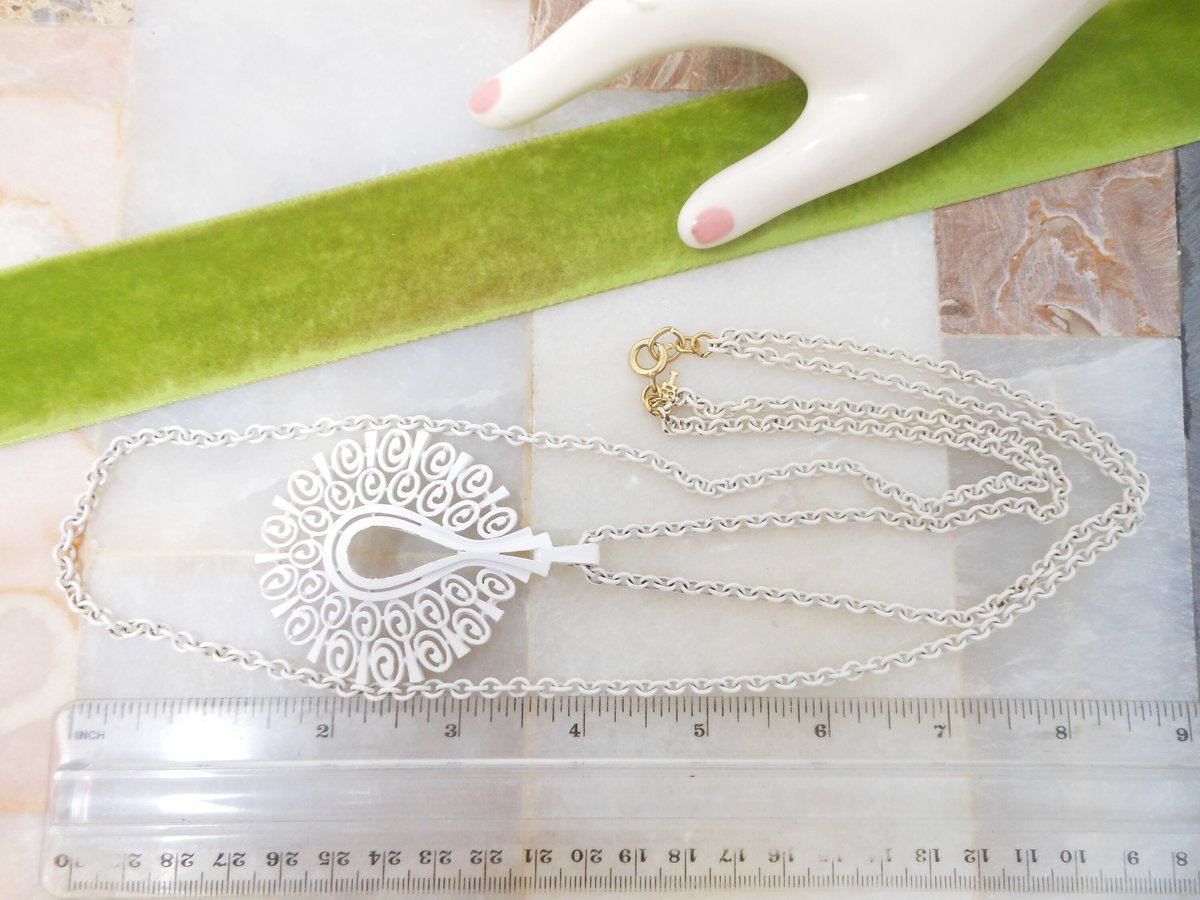 Vintage Crown TRIFARI Pendant Necklace Modernist White Enamel Multi Chain Mid Century Designer Jewelry, VivianJoel.com