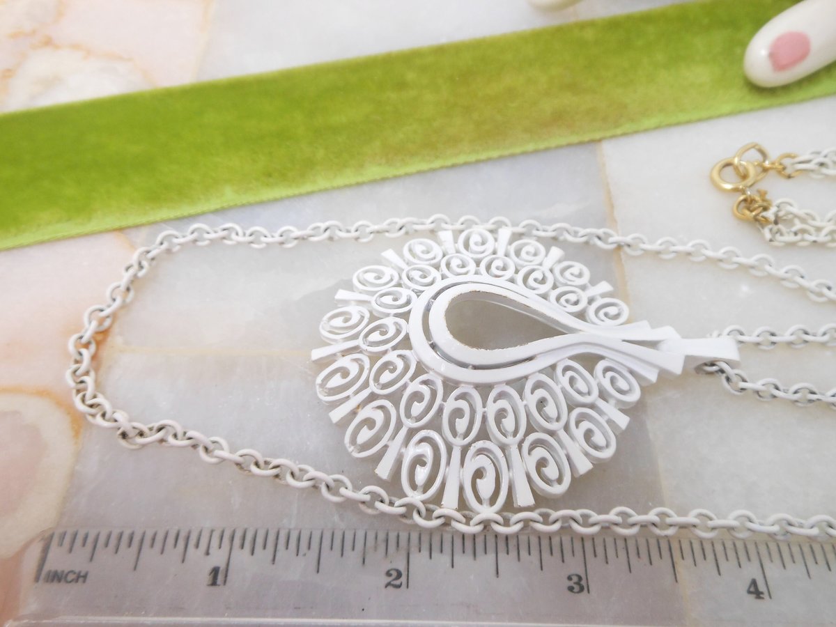 Vintage Crown TRIFARI Pendant Necklace Modernist White Enamel Multi Chain Mid Century Designer Jewelry, VivianJoel.com