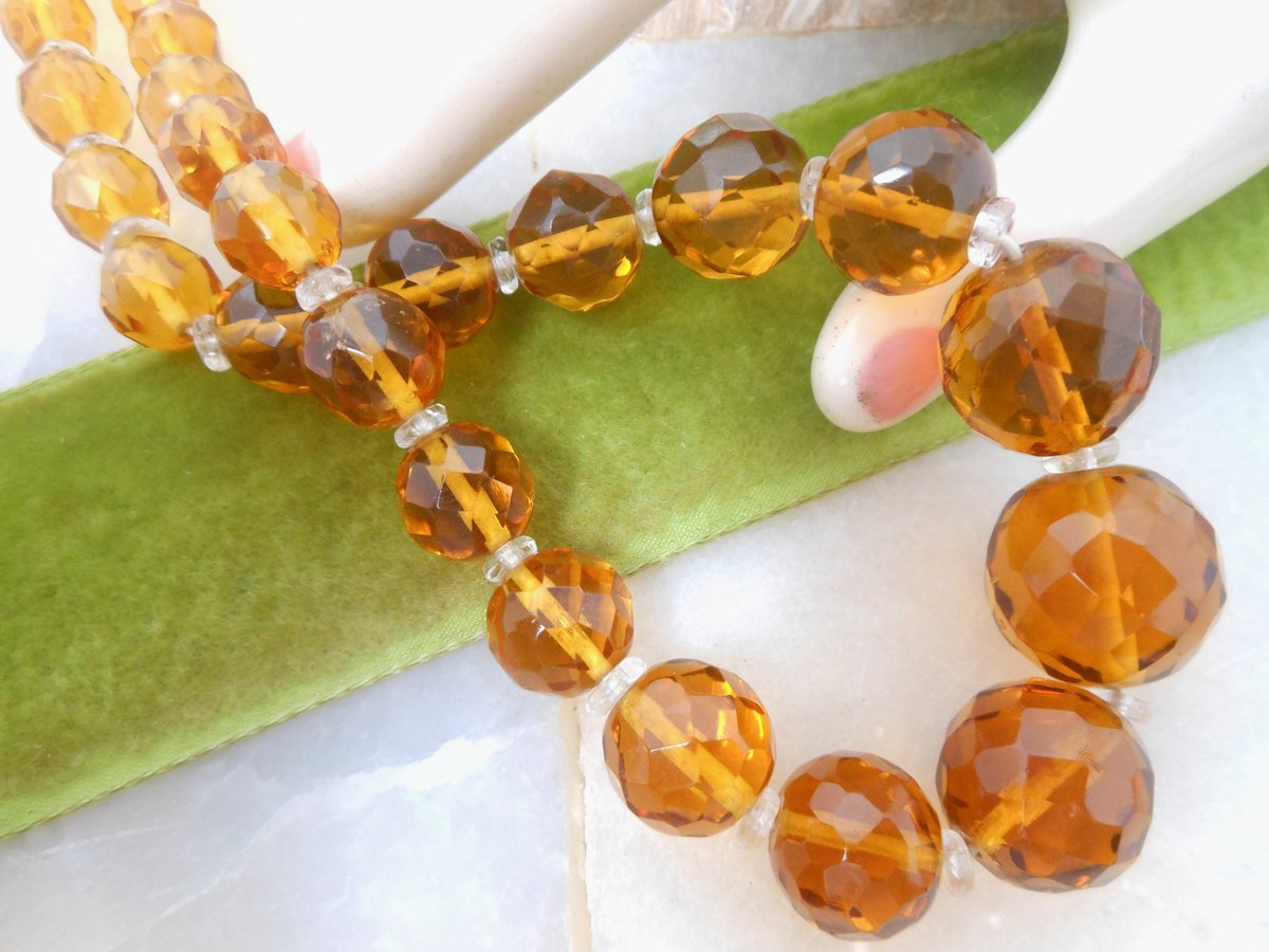 Vintage Art Deco Topaz Ginger Crystal Cut Bead Choker 14.5" Necklace Jewelry Gift Mid Century, VivianJoel.com