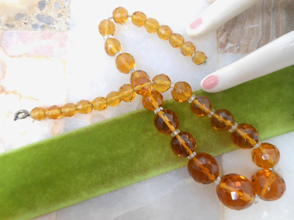 Vintage Art Deco Topaz Ginger Crystal Cut Bead Choker 14.5" Necklace Jewelry Gift Mid Century, VivianJoel.com