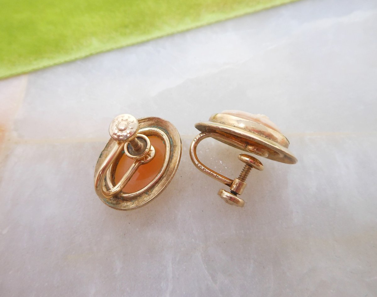 Vintage AMCO Cameo Earrings True Carved Shell Gold Filled GF Screw Back Dainty Jewelry Designer Mid Century Gift, VivianJoel.com