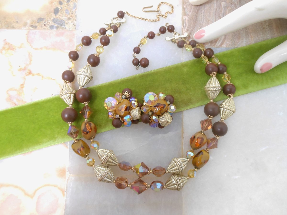 Vintage Crystal Art Glass Bead Necklace Earrings Set Etruscan Gold Plate Mid Century Chocolate Cocoa Jewelry Gift, VivianJoel.com