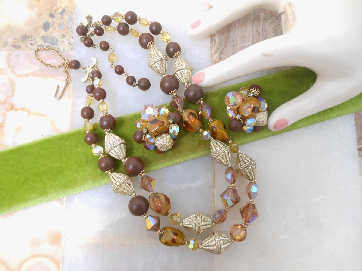 Vintage Crystal Art Glass Bead Necklace Earrings Set Etruscan Gold Plate Mid Century Chocolate Cocoa Jewelry Gift, VivianJoel.com