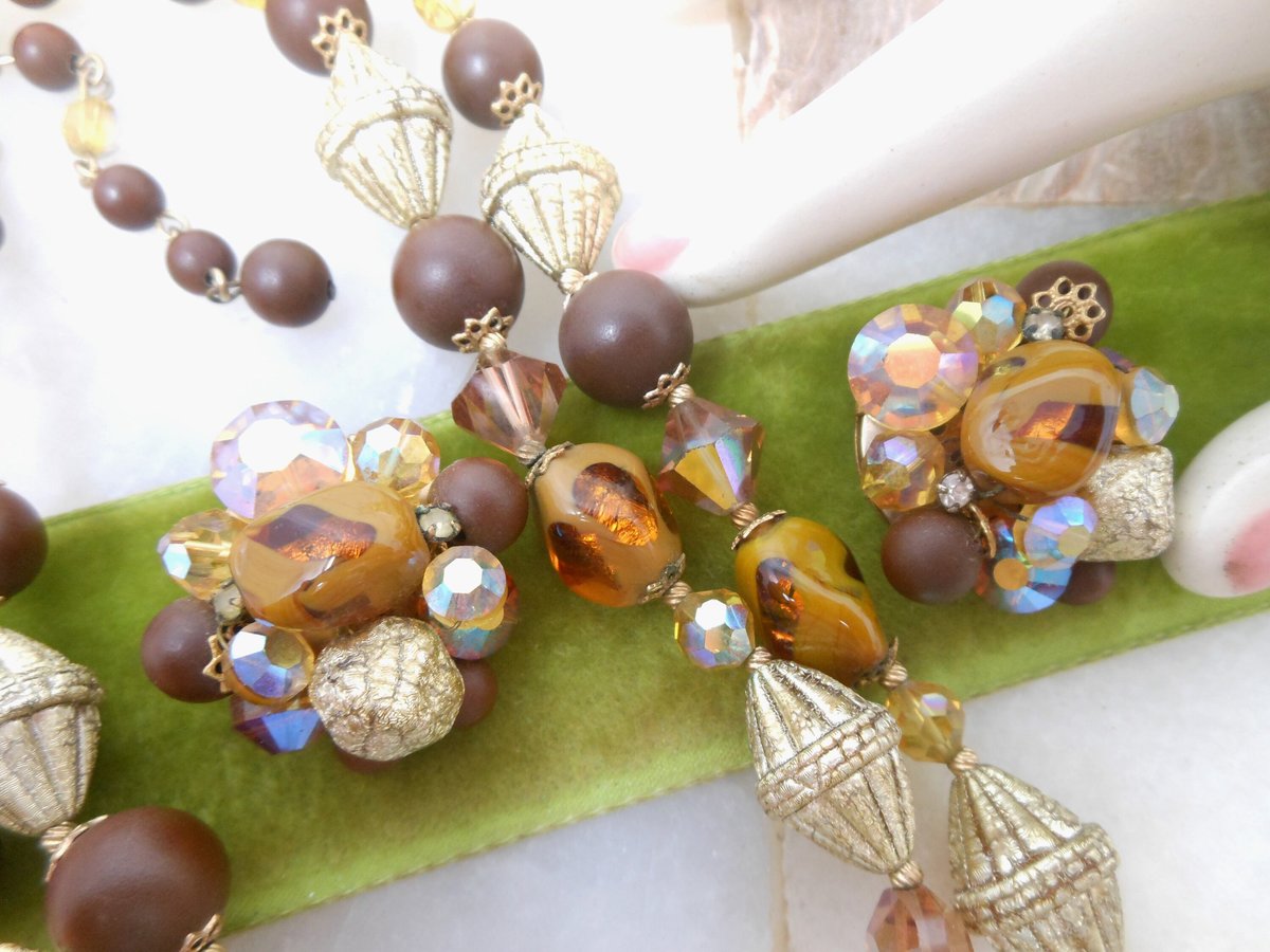 Vintage Crystal Art Glass Bead Necklace Earrings Set Etruscan Gold Plate Mid Century Chocolate Cocoa Jewelry Gift, VivianJoel.com