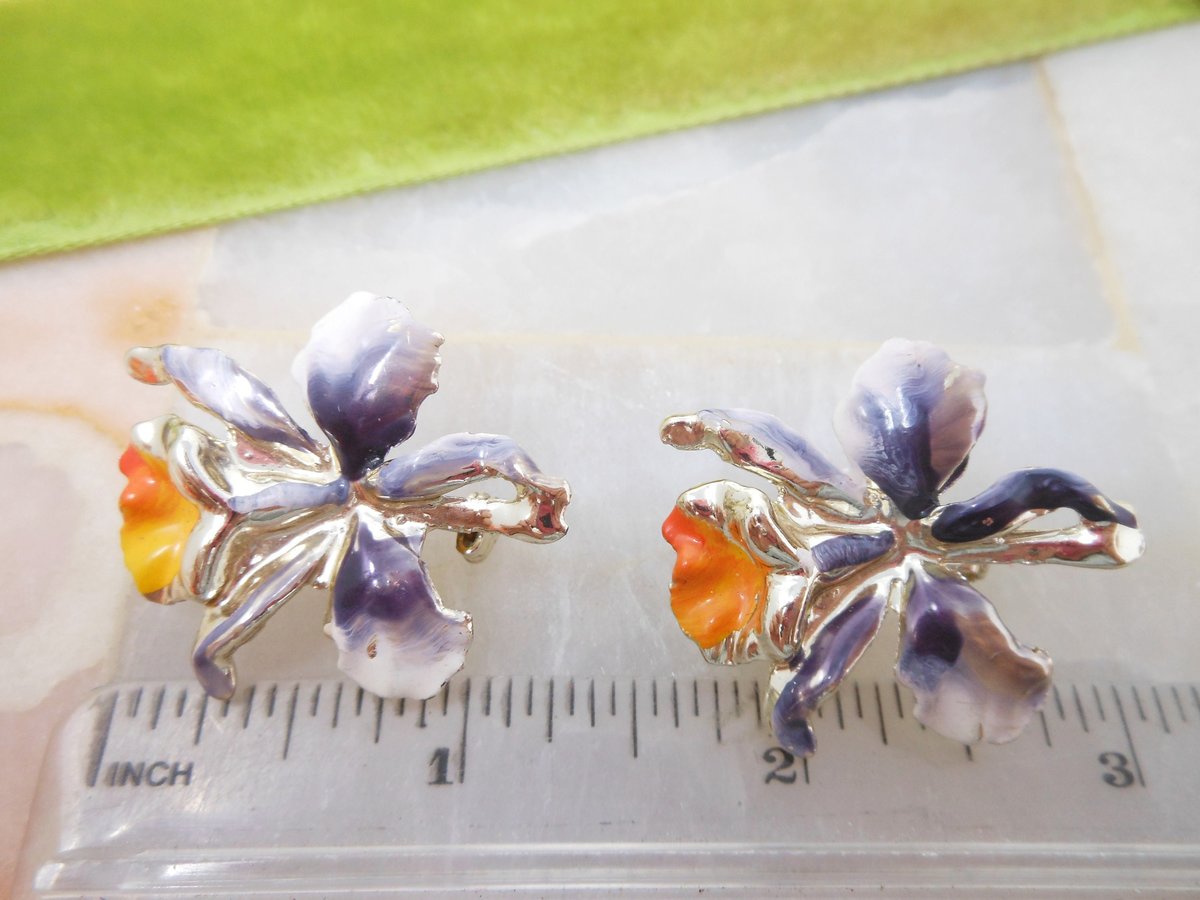 Vintage Flower Scatter Brooch Set Orchid Pin Enamel Orange Purple Mid Century Jewelry Gift, VivianJoel.com