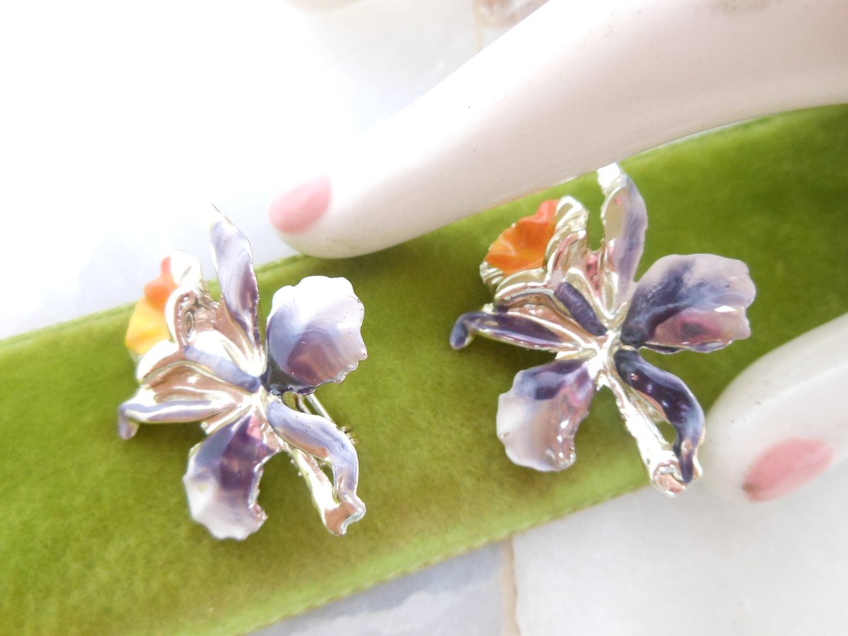 Vintage Flower Scatter Brooch Set Orchid Pin Enamel Orange Purple Mid Century Jewelry Gift, VivianJoel.com