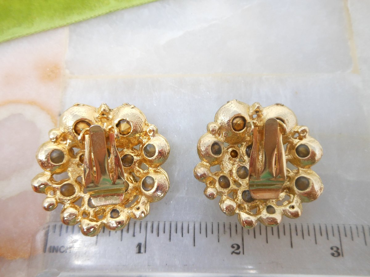 Vintage Jumbo Earrings Rhinestone Clip On Blue Green Crystal Fruit Salad Statement Jewelry Mid Century, VivianJoel.com