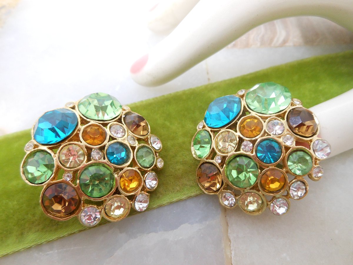 Vintage Jumbo Earrings Rhinestone Clip On Blue Green Crystal Fruit Salad Statement Jewelry Mid Century, VivianJoel.com