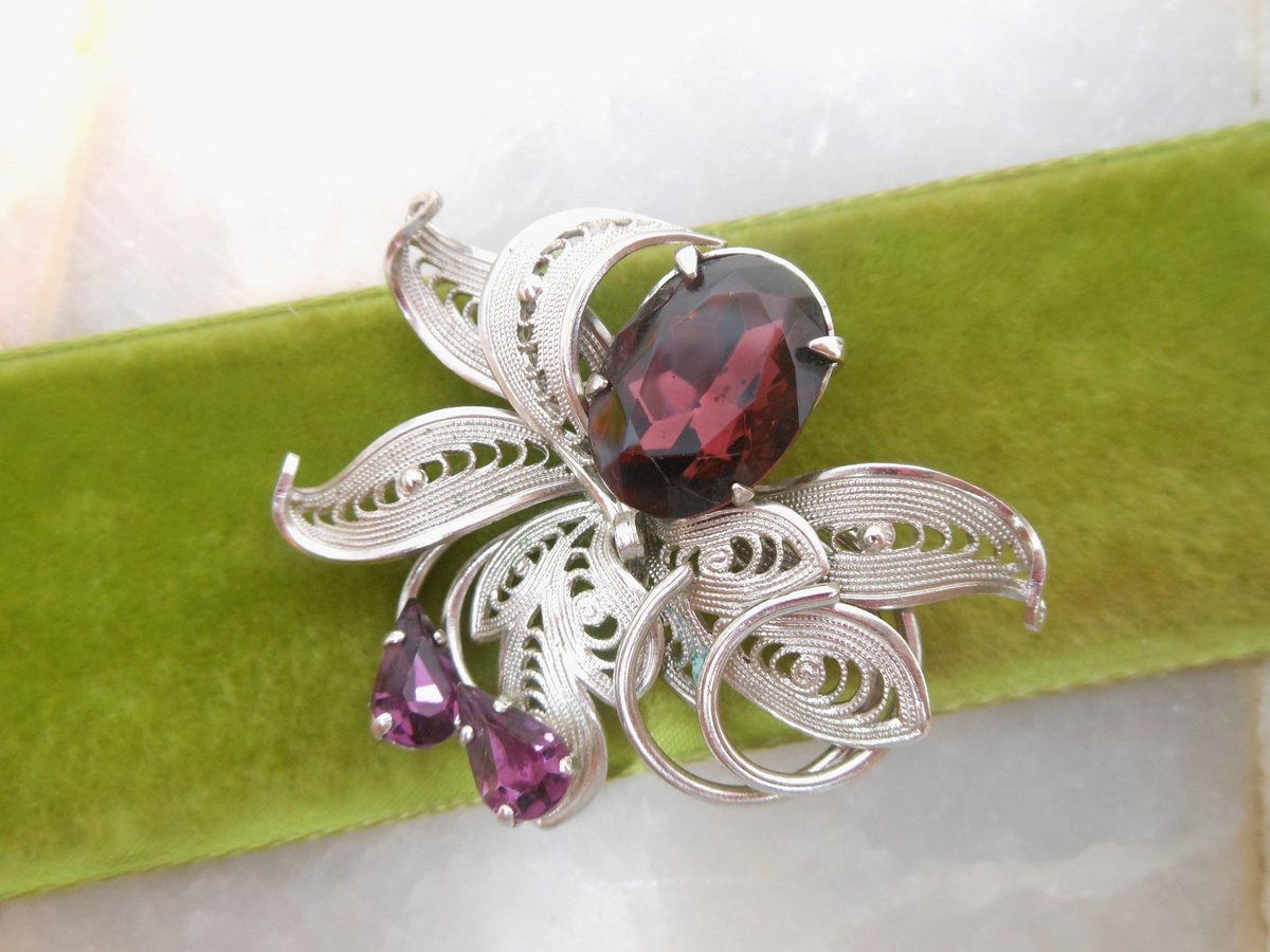 Vintage WEST GERMANY LOT 2 Crystal Brooch Flower Filigree Pin Purple Black Rhinestone Designer Jewelry Mid Century Gift, VivianJoel.com